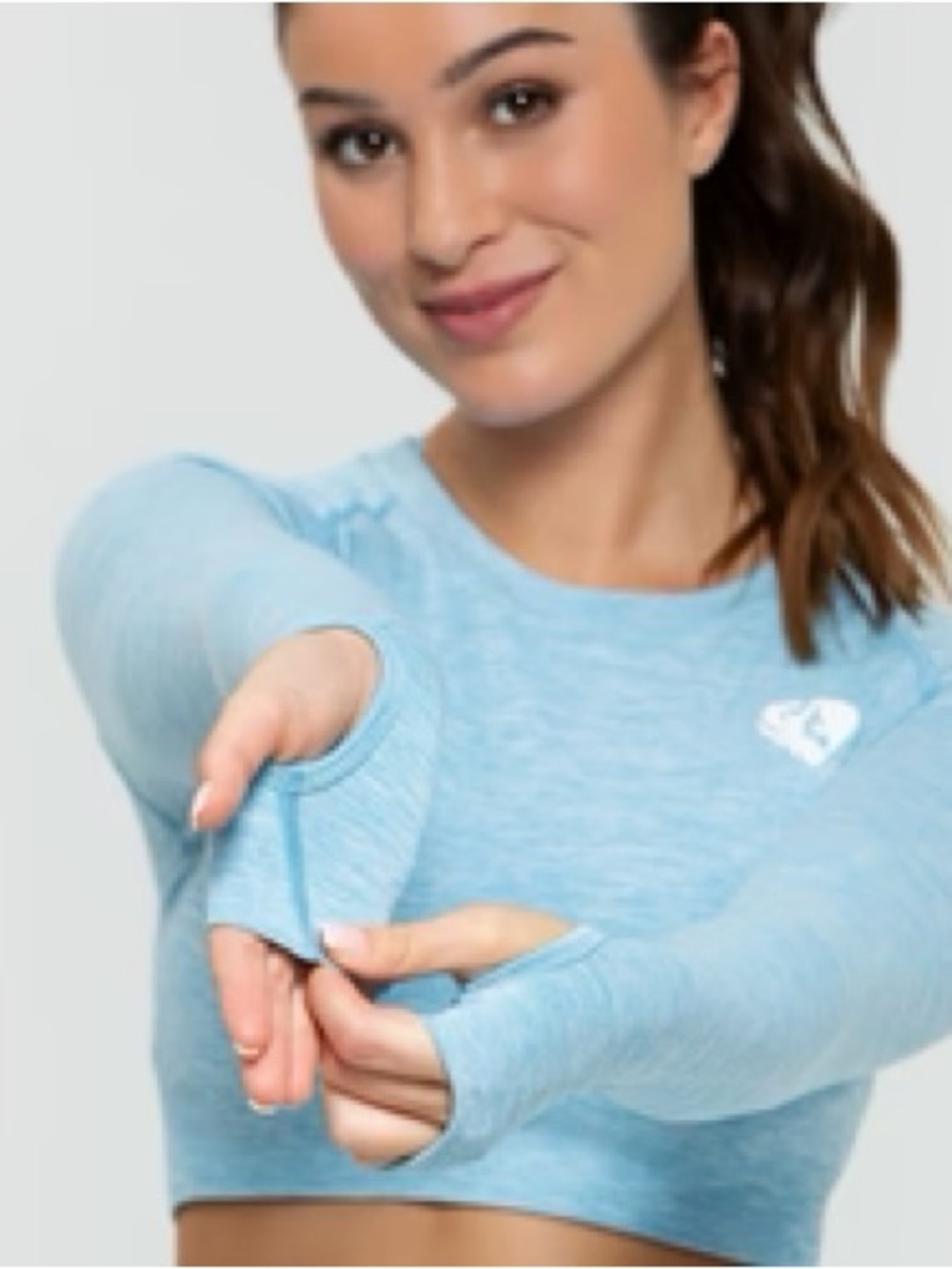 Seamless Light Blue Long Sleeve Crop Top with Thumbholes